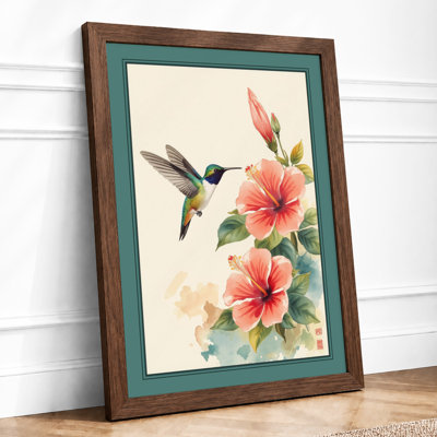 Hummingbird and Coral Blooms Botanical - Framed Print
