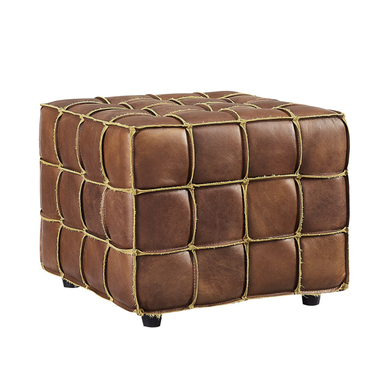 Laryn Genuine Leather Square Pouf Ottoman, Cognac