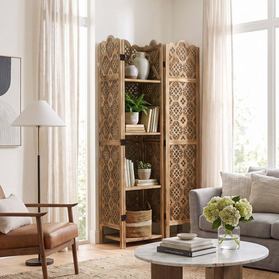 Paravent 4 panneaux pliable avec tablettes de rangement latérales, écran d'intimité en bois autoportant, 2 styles de panneaux décoratifs pour la chambre à coucher du salon