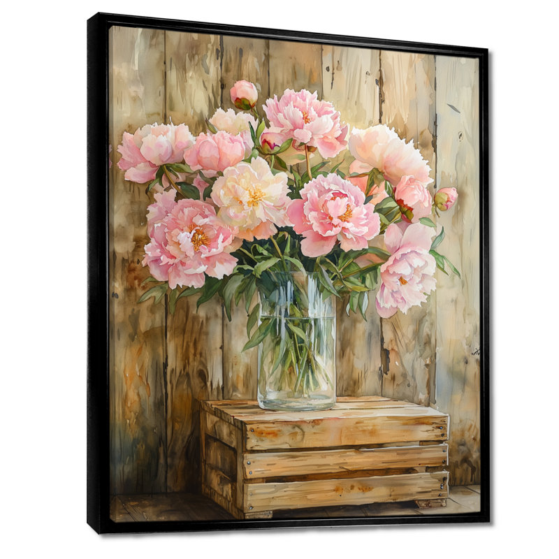 «Shonna Farmyard Peony Bouquet In Vase II - Assortiment de bouquets», reproduction d'art sur toile encadrée, Noir