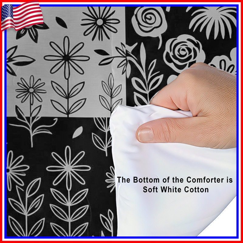 Black White Floral Pattern Comforter, Queen