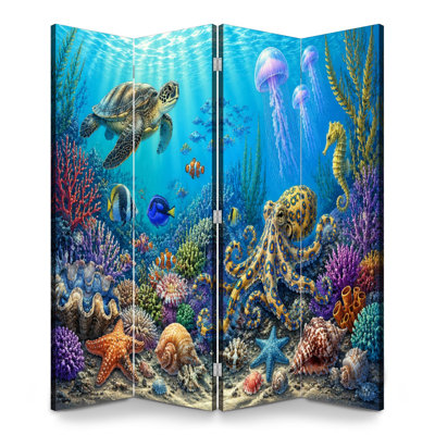 Cloison pliante 4 panneaux paravent Royal Seashell Fleur tropicale Étoile de mer Perles Séparateur de pièce Toile