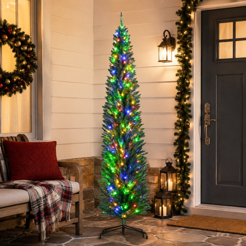 Sapin de Noël artificiel HOMCOM de 2,4 m (8 pi) préilluminé, 250 lumières DEL multicolores, 668 branches, base en acier, vert