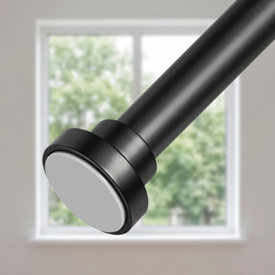 This black extra-long spring-loaded shower curtain tension rod adjusts from 34 to 82 and uses a modern extendable design; it installs without drilling or screws and is heavy duty, anti-rust, and non-slip for windows, bathrooms, and closets.