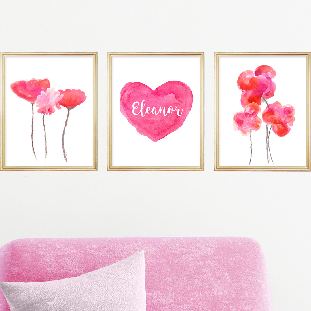 Magenta Personalized Heart & Flowers, 3-Piece Paper Prints Outside In Art Studio 