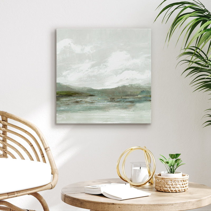 20x20 Canvas Wall Art Featuring Green Hills, Blue Water and White Sky with Hand-Painted Accents - Gallery Wrap - Landscape Wall Art