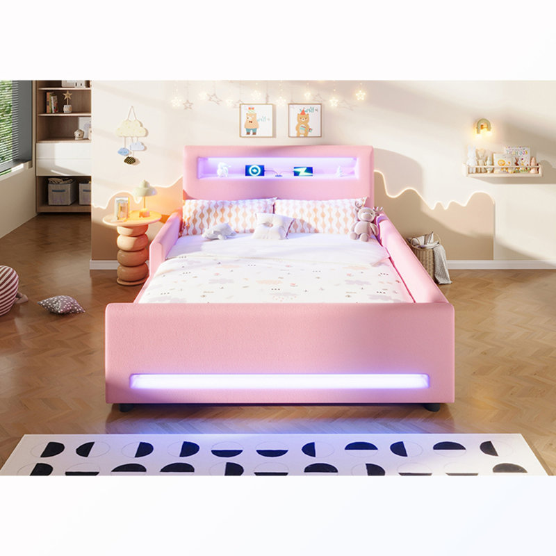 Lit double tapissier pleine grandeur avec tiroir et bande lumineuse à DEL et port USB, Pink