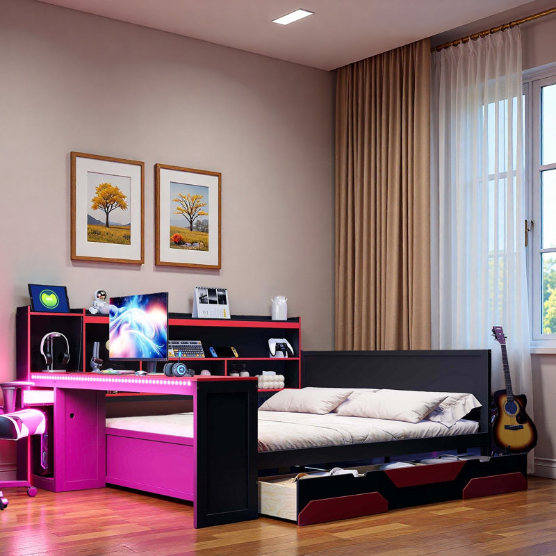 Modern Gaming Daybed With Integrated Desk, Light Strips, Built-in Charging Station, 3 Storage Drawers And Storage Shelves