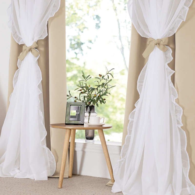 Beige Curtains Decorative Double Layer Curtains with Ruffle Sheer Overlay 52 x 84 inch, 2 PCs