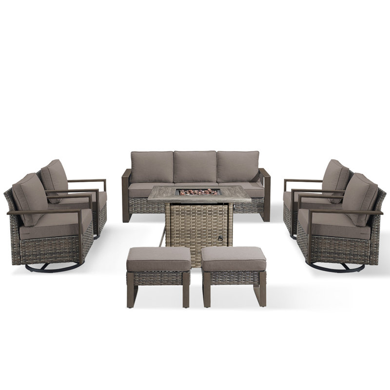 Ensemble de conversation pour foyer d'extérieur en osier 8 pièces avec 4 fauteuils pivotants et 2 repose-pieds Palomares