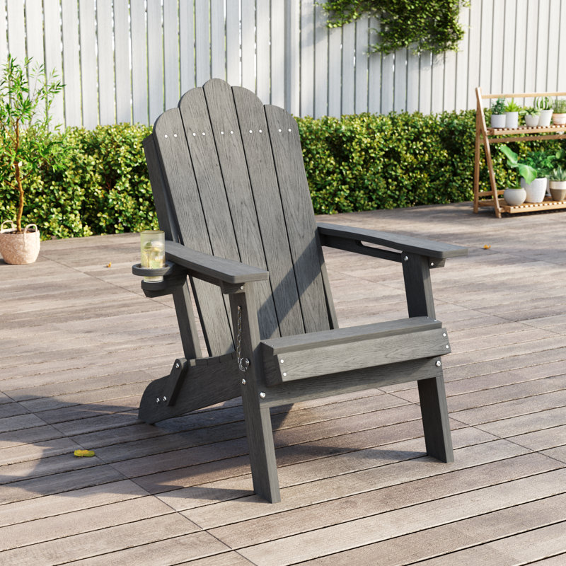 Ergonomic Folding Adirondack Chair with Cup Holder, All-Weather Patio Adirondack Chair for Outdoor, Easy Assembly, Gray