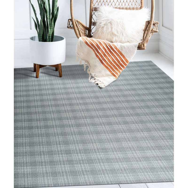 Gray Flat Weave Wool Subtle Plaid Geometric Modern Contemporary Carpet Rug, 9' x 12'