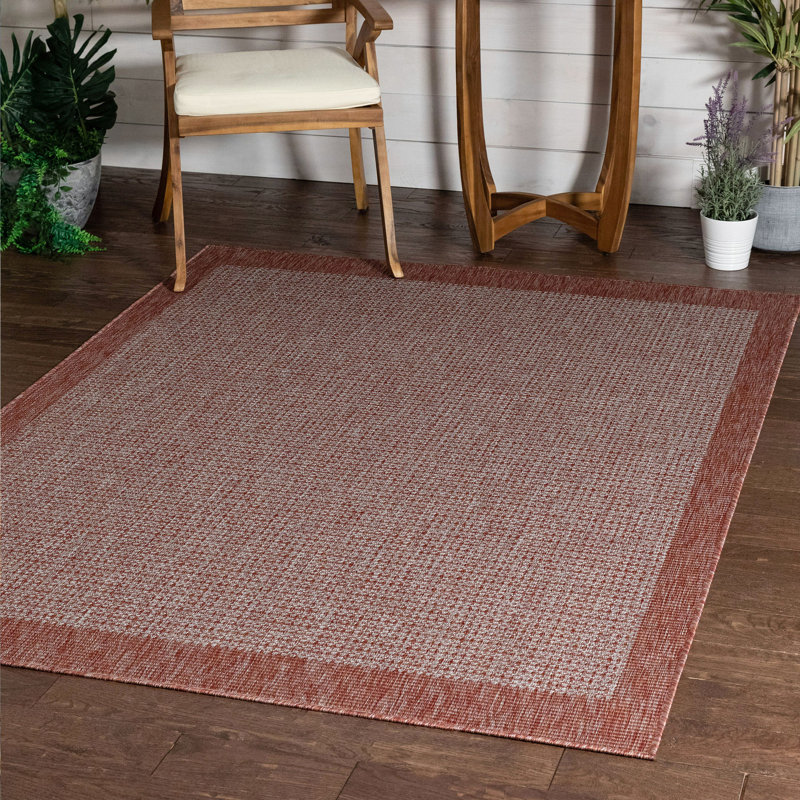Marshanna Odin Solid Striped Border Indoor Outdoor Coral Flatweave Rug, Rectangle 3'11" x 5'3"
