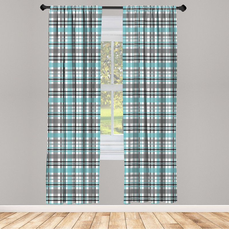 East Urban Home Teal Stripe 4-Panel Curtains, Continuing Plaid Design, Seafoam Grey White, 56" W x 95" L