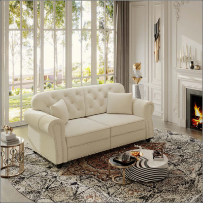 Canapé Chesterfield rembourré en velours avec garniture cloutée et accoudoirs roulés, canapé de style Mid-Century moderne capitonné, comprend 2 coussins