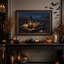 Toile d'Halloween lanterne rougeoyante et citrouilles près d'une grange la nuit-2127173414