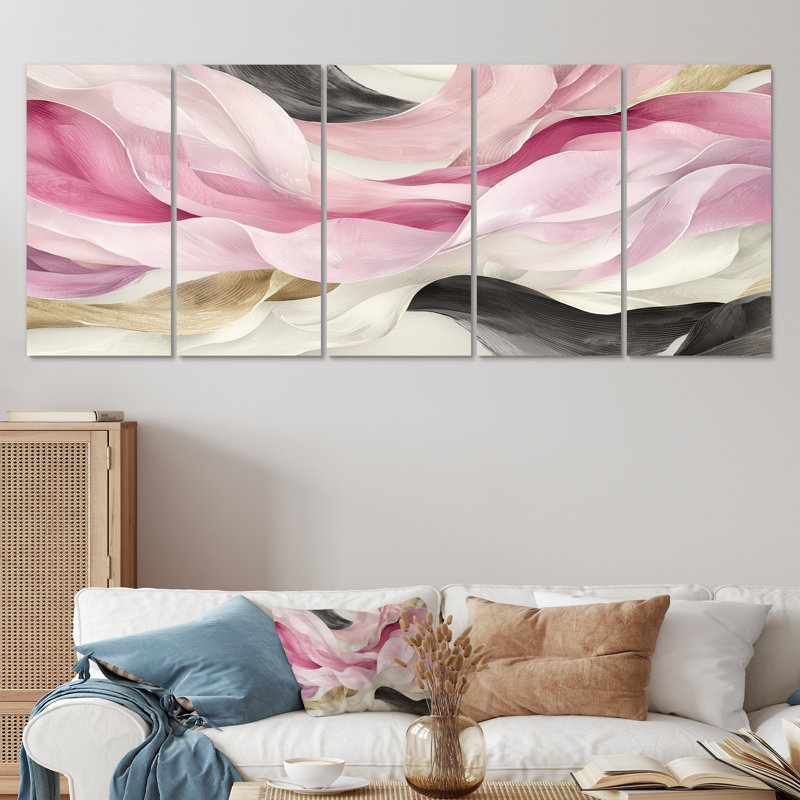 «Rose et blanc captivant marbre III», ensemble de toiles abstraites modernes, H 28 po x l 60 po