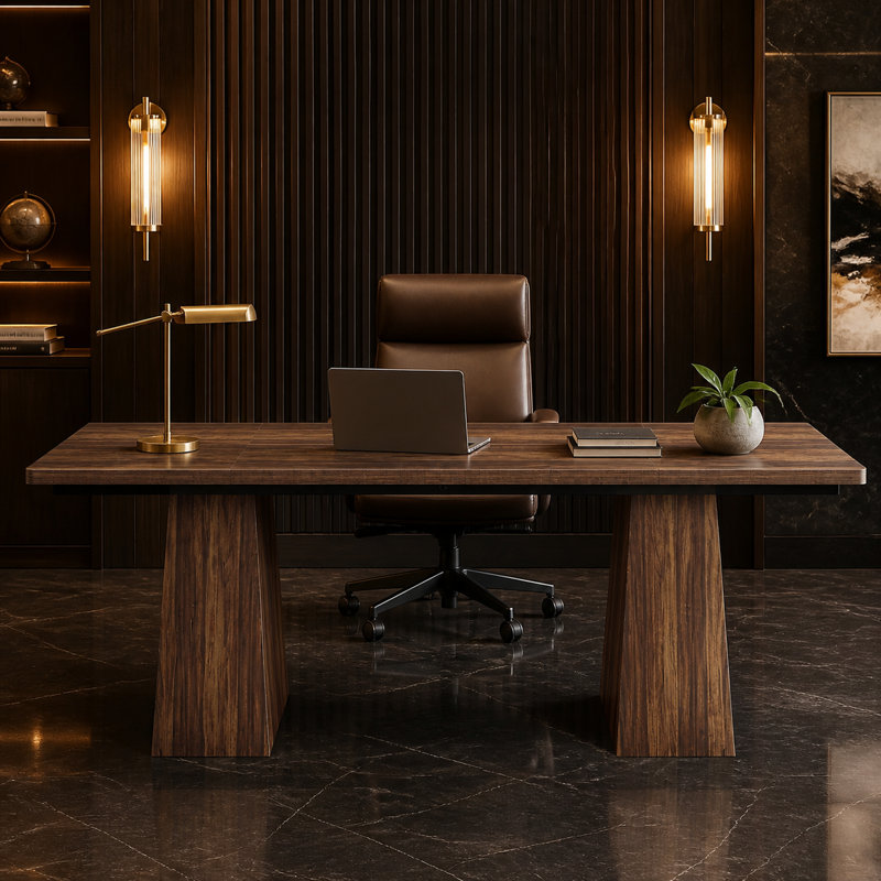 Bureau de direction de 160 cm avec double piètement, Brun rustique