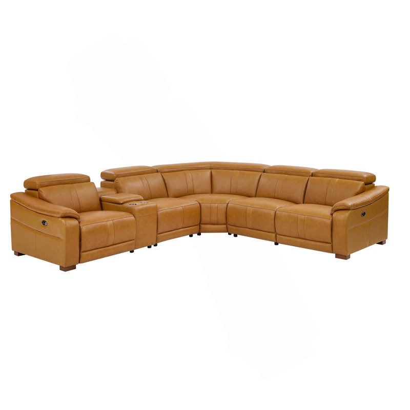 Canapé modulaire en cuir avec siège inclinable, appui-tête réglable et console de rangement avec porte-gobelets