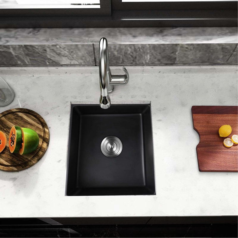 Évier de cuisine en quartz noir 13,38 po x 17,26 po - Finition thermique légèrement inclinée pour le drainage avec grille inférieure
