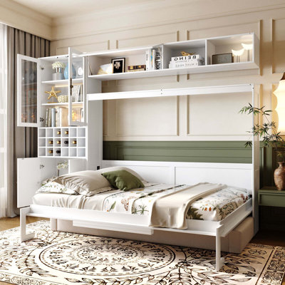 Full Size Murphy Bed Wall Bed With Sofa , Shelves USB & Light