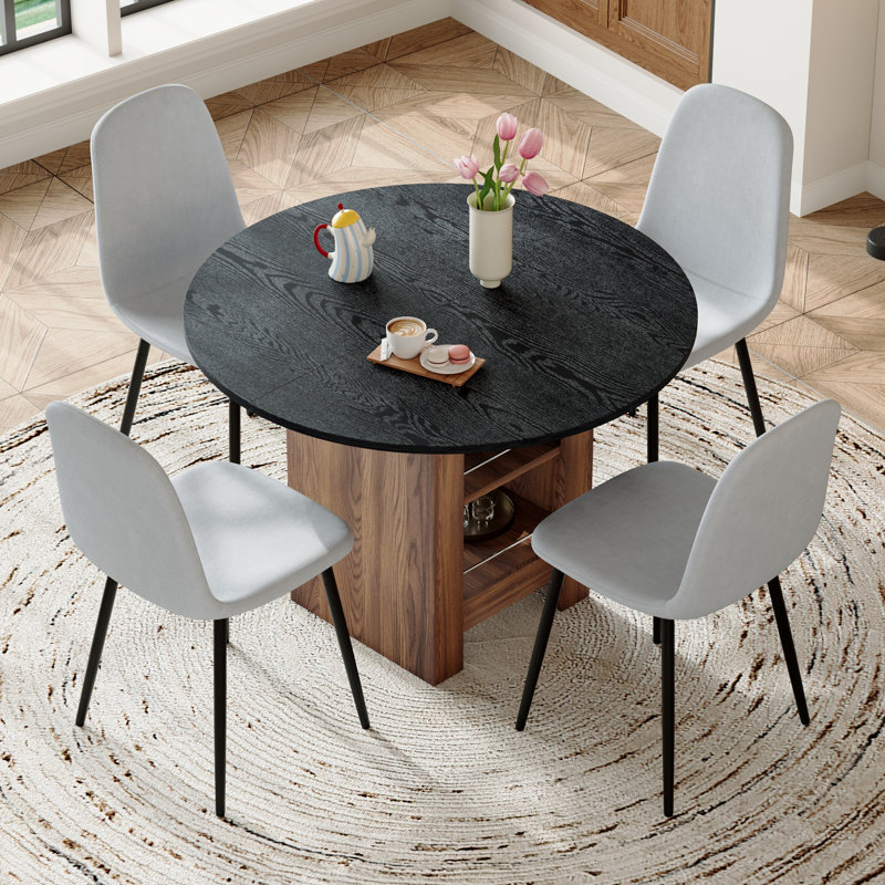 Table de salle à manger 42 "Mid-Century, Noir, 5 pièces: table, 4 chaises, Gris clair