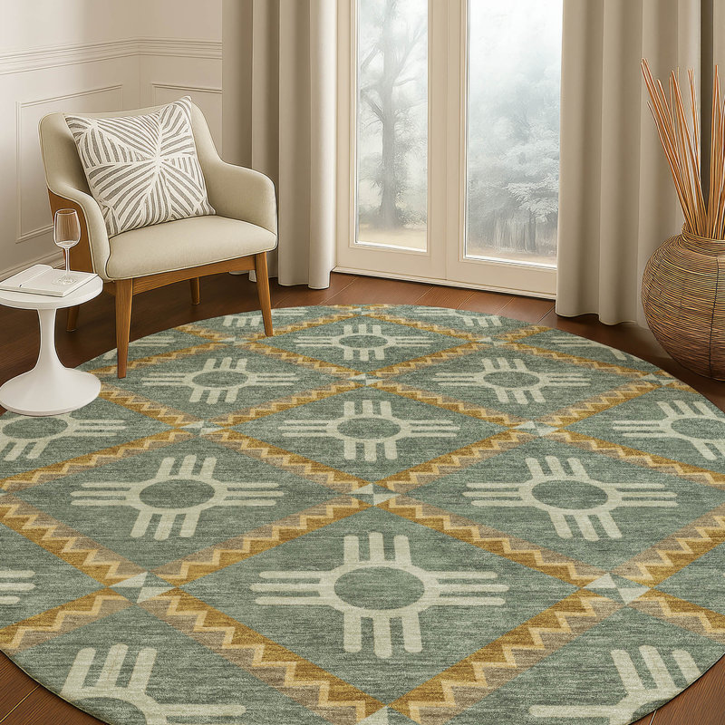 Machine Washable Indoor/Outdoor Chantille ACN2686 Geometric Rug, Basil, 8' Round