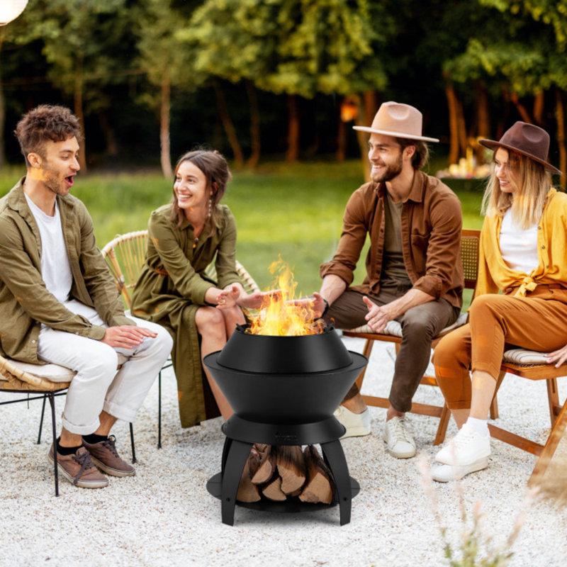 20 in. Outdoor Patio Fire Pit, Metal Camping Fire Bowl with Pot Holder and Storage Shelf