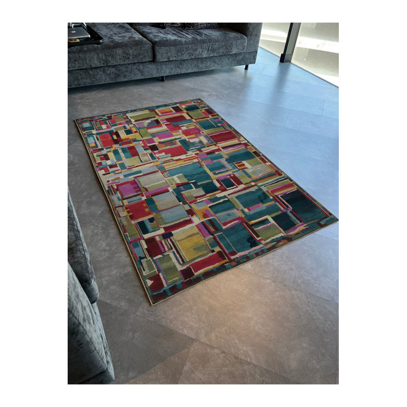 Dark Toned Multi Colored Mixed Shape Patterned Creative Modern Decorative Rug Machine Washable