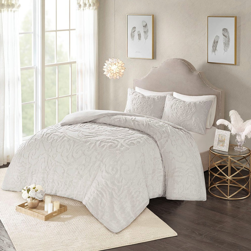 Housse de couette 100% coton gris très grand / très grand - 3 médaillons chenille, Édredon très grand + 2 taies décoratives