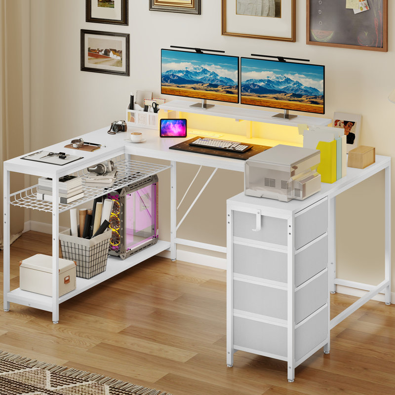 L-Shaped Metal Base Computer Desk with Power Outlet, White