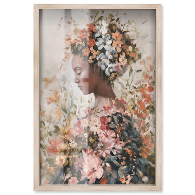 «Blossoming Contemplation Shadowbox», art floral glam par Art Remedy, cadre blond, 25 x 37