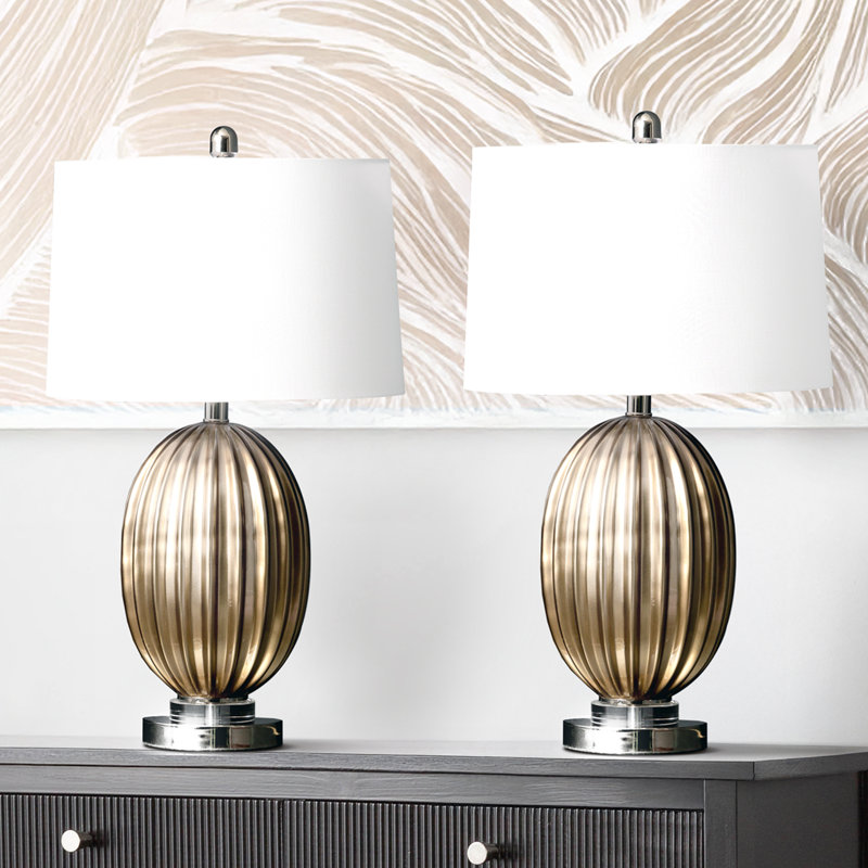 Calmers 67.3cm Table Lamp with Glass Base For Bedroom Furniture, Bedside Buffet Lamp with Linen Shade, White, Gold