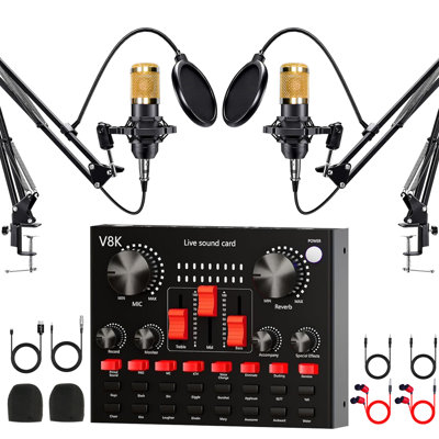 Podcast Equipment Bundle for 2 Person, Recording Studio Package with Dual BM800 Microphones and Voice Changer for PC/Mobile Live Streaming, Singing, Gaming, Voice Changer