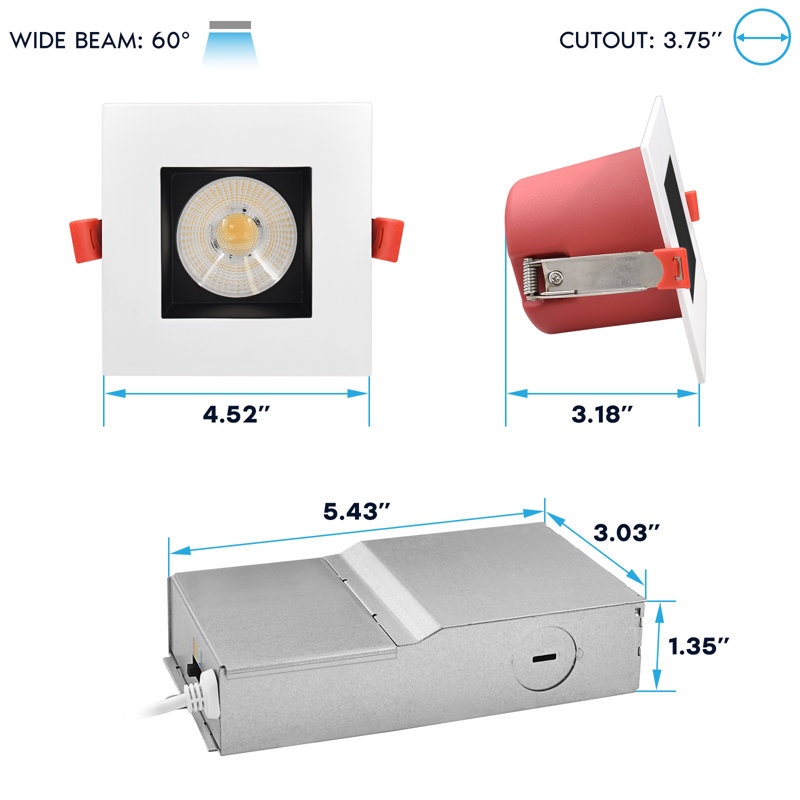 Ensemble de 6 ampoules encastrées carrées à DEL J-Box 5CCT 2700K-5000K Luxrite