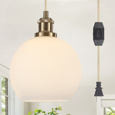 1 - Light Modern Plug In Pendant Light Fixture, Classic Chandelier With Milky White Glass Shade And Dimmable Switch