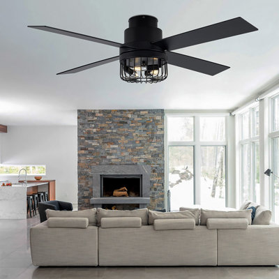 Hafid 52" Industrial Flush Mount Ceiling Fan with 3 Lights and Remote, 6 Speeds Ceiling Fan