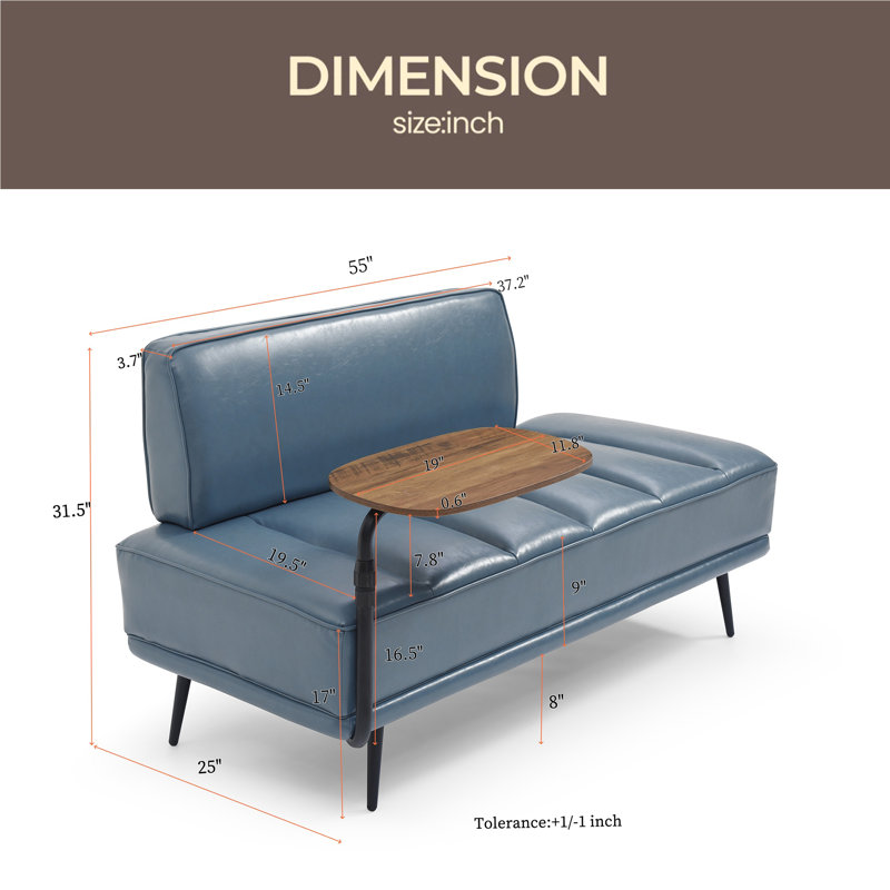 55"Inch Width Modern End Of Bed Bench,Faux Leather Upholstered With Side Table, 360-Degree Swivel Tray Couch,Entryway Ottoman,Window Bench With Metal Legs For Bedroom, Living Room