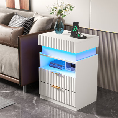 Table de chevet avec station de charge et lumières DEL, table de chevet cannelée à 2 tiroirs et tablette ouverte, table de chevet moderne avec compartiment caché pour la chambre à coucher, table de bout pour le salon