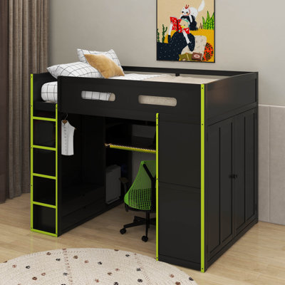 Full Size Wood Loft Bed With Desk,Wardrobe,Ample Storage Space,And RGB LED Light