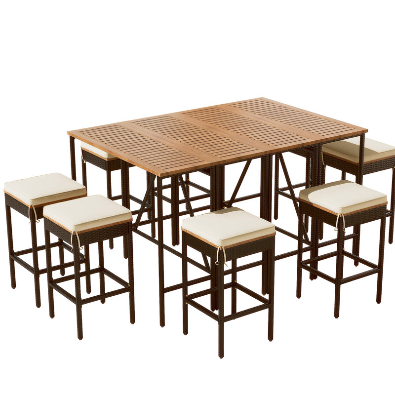 10-Piece Outdoor Bar Height Table And Eight Stools With Cushions, High-Dining Bistro Set