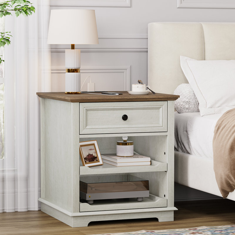 1 Drawer Sets Nightstands with Storage Tray and Built-in Charging Station, White