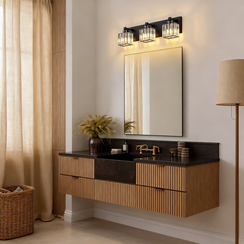 Luminaire de meuble-lavabo de salle de bain moderne à 3 lumières avec accents de cristal - Luminaire carré noir à fixation murale pour miroir - à intensité variable et compatible avec douille E26