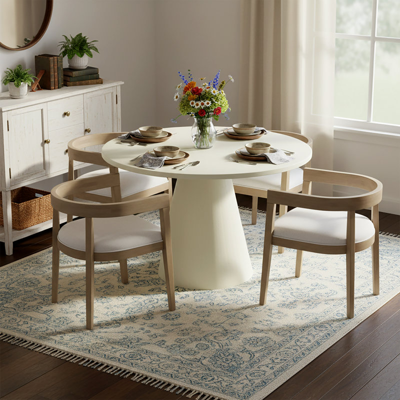 Ensemble de salle à manger moderne en bois d'hévéa avec table ronde Kux, Blanc crémeux