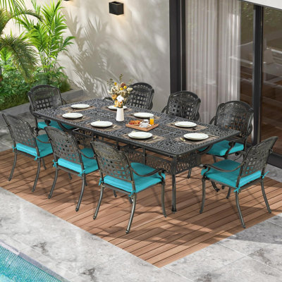 Ensemble de salle à manger d'extérieur pour 8 personnes Wildon HomeMD pour 8 personnes, ensemble de table et chaises de patio en aluminium coulé toutes saisons - table rectangulaire 94,5 po et 8 chaises rembourrées pour le jardin, trou pour parasol 2 