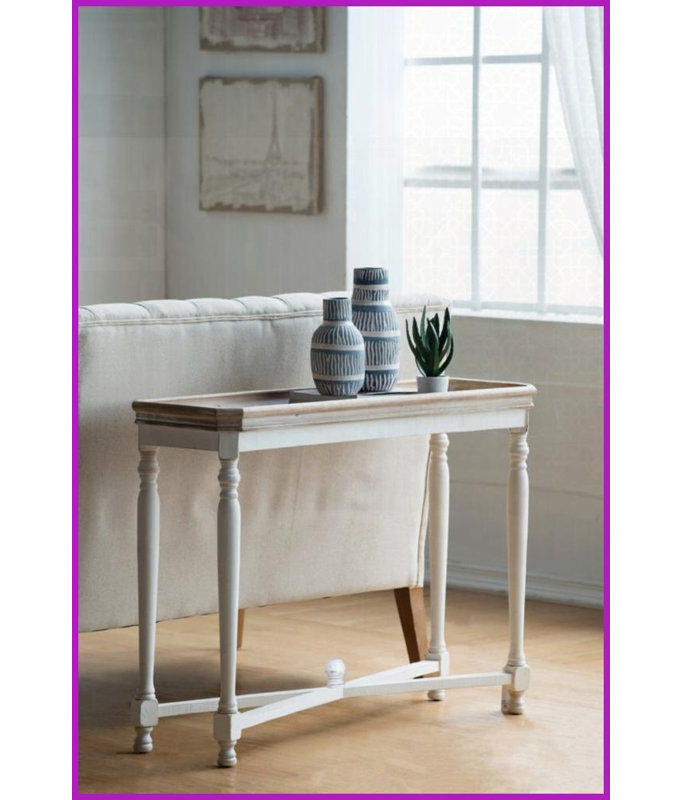 Table basse Alcott de 42 po x 14 po x 30 po en bois de sapin et en panneau de fibres à densité moyenne avec pieds blanc antique pour petits espaces