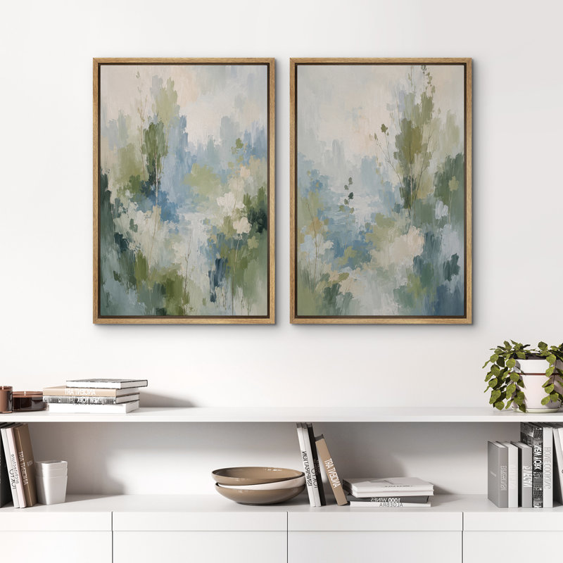 Doux vert bleu abstrait botanique encadré, art mural de la chambre principale, 2 pièces, H 36 po x l 24 po x P 1,5 po