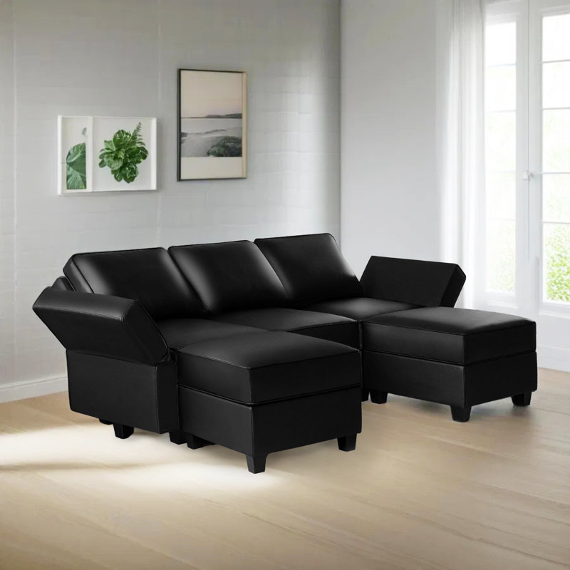 Canapé modulaire Shealene avec méridienne double - canapé en U réversible avec rangement, Cuir Air noir