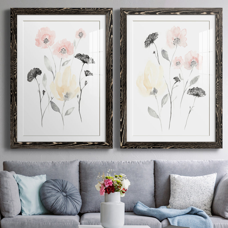 Blush & Black Wildflowers I encadré mat - prêt à accrocher, H 20 po x l 34 po x P 1 po, Cadre noir