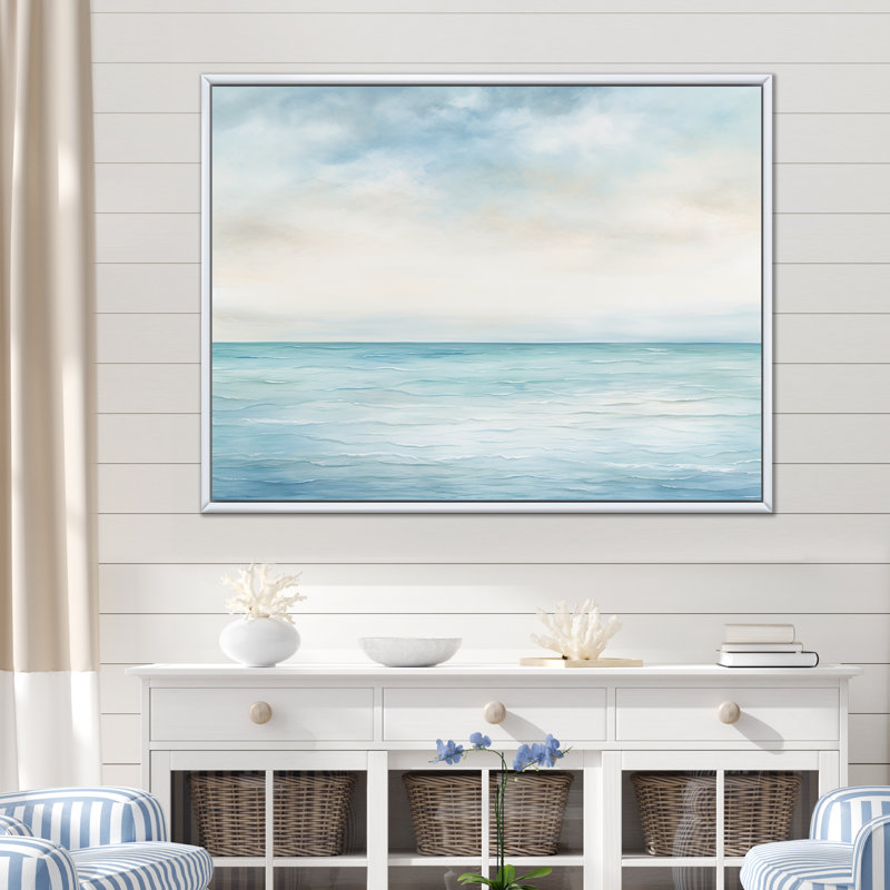«Ocean Minimalisme» Horizon Charm I - art encadré océan, H 24 po x l 32 po x P 1 po, Cadre flottant blanc
